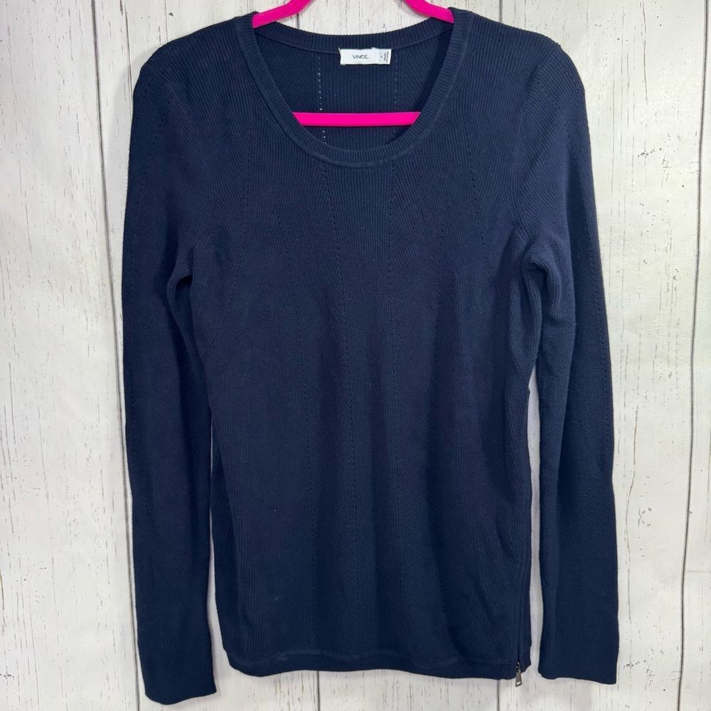 Vince Blue Ribbed Knit Sweater Side Zipper Detail Minimalist Chic Quiet Luxury